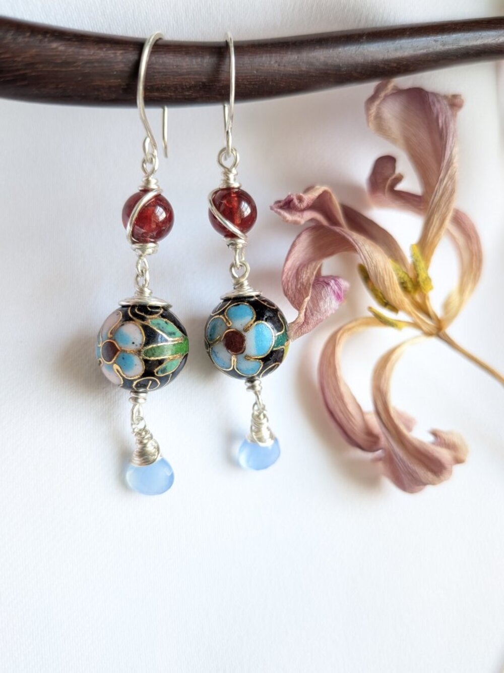 Vintage Cloisonne Earrings with Garnet and Chalcedony in Sterling Silver - Picture 11 of 14